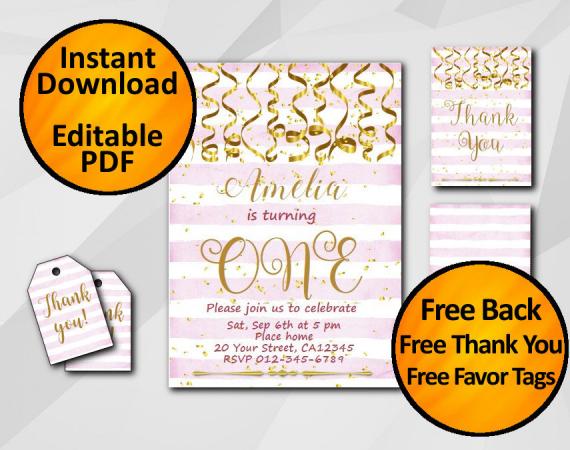 Instant Download Gold Confetti 1st Birthday Fuchsia Stripe Invitation set