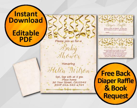 Instant Download Gold Confetti Baby Shower Peach Invitation set