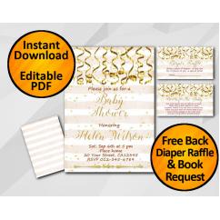 Gold Confetti Baby Shower Peach Stripe Invitation set