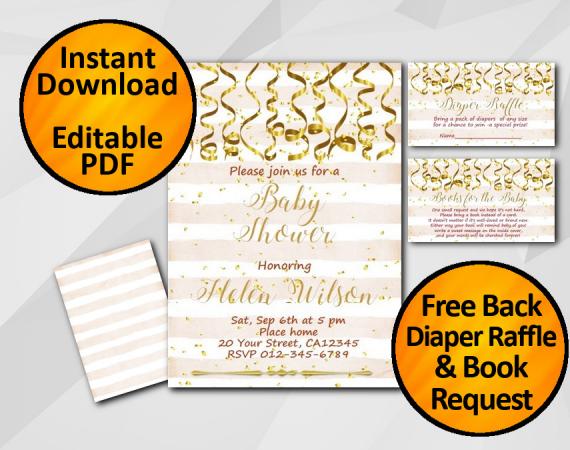 Instant Download Gold Confetti Baby Shower Peach Stripe Invitation set