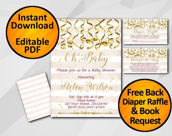 Instant Download Gold Confetti Oh Baby Baby Shower Peach Stripe Invitation set