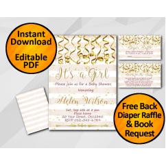 Gold Confetti Its a Girl Baby Shower Peach Stripe Invitation set