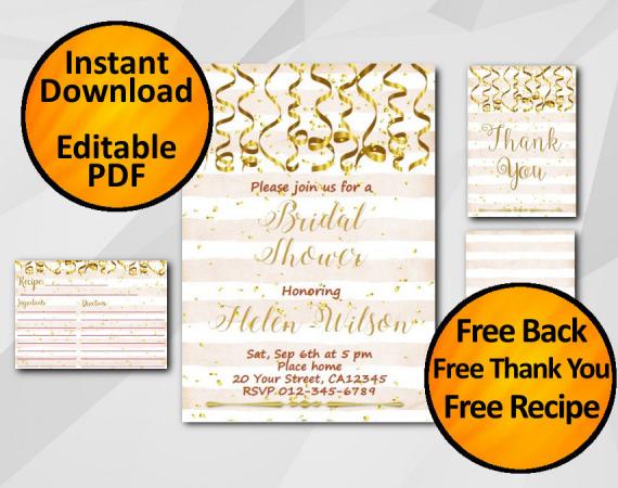 Instant Download Gold Confetti Bridal Shower Peach Stripe Invitation set