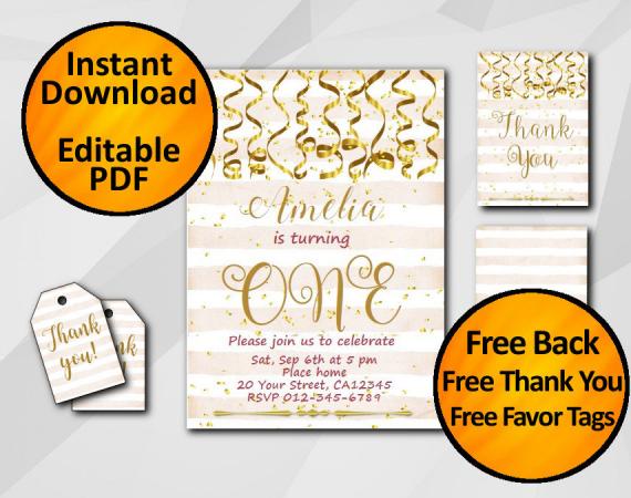 Instant Download Gold Confetti 1st Birthday Peach Stripe Invitation set