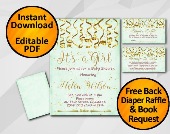 Instant Download Gold Confetti Its a Girl Baby Shower Turquoise Invitation set