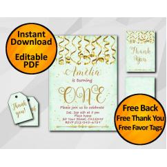 Gold Confetti 1st Birthday Turquoise Invitation set