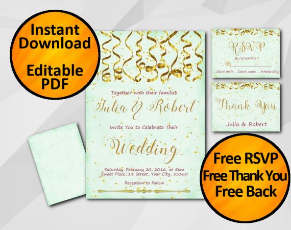 Instant Download Gold Confetti Wedding Turquoise Invitation set
