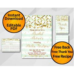 Gold Confetti Bridal Shower Turquoise Stripe Invitation set