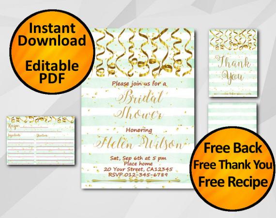 Instant Download Gold Confetti Bridal Shower Turquoise Stripe Invitation set