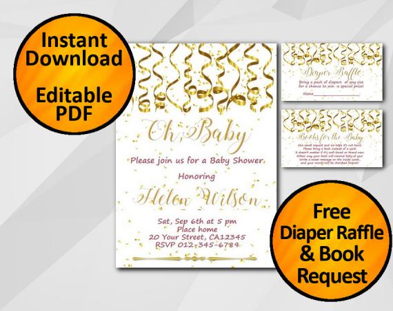 Instant Download Gold Confetti Oh Baby Baby Shower Invitation set
