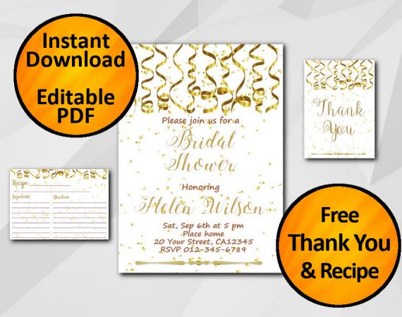 Instant Download Gold Confetti Bridal Shower Invitation set