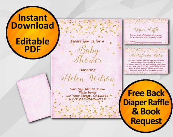 Instant Download Gold Confetti Baby Shower Fuchsia Invitation set