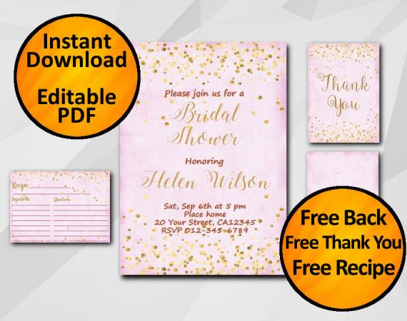 Instant Download Gold Confetti Bridal Shower Fuchsia Invitation set