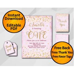 Gold Confetti 1st Birthday Fuchsia Invitation set