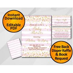 Gold Confetti Baby Shower Fuchsia Stripe Invitation set