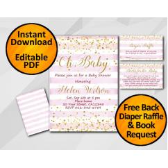 Gold Confetti Oh Baby Baby Shower Fuchsia Stripe Invitation set Gold Confetti Oh Baby Baby Shower Fuchsia Stripe Invitation set