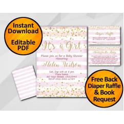Gold Confetti Its a Girl Baby Shower Fuchsia Stripe Invitation set