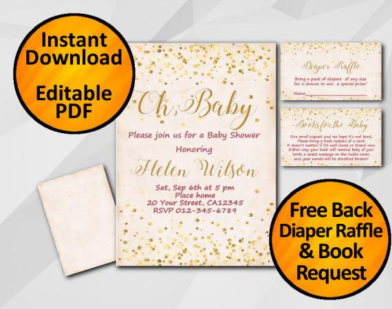 Instant Download Gold Confetti Oh Baby Baby Shower Peach Invitation set