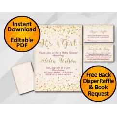 Gold Confetti Its a Girl Baby Shower Peach Invitation set