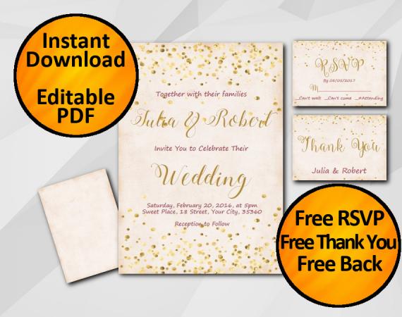Instant Download Gold Confetti Wedding Peach Invitation set