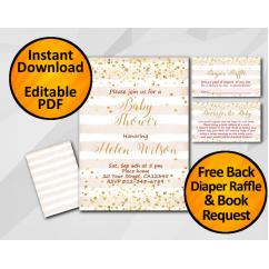 Gold Confetti Baby Shower Peach Stripe Invitation set