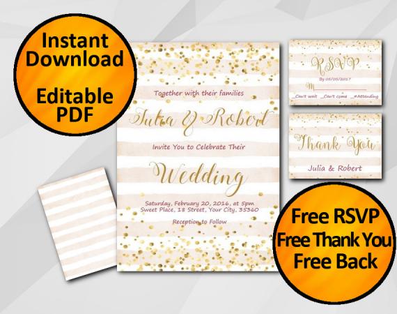 Instant Download Gold Confetti Wedding Peach Stripe Invitation set