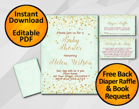 Instant Download Gold Confetti Baby Shower Turquoise Invitation set