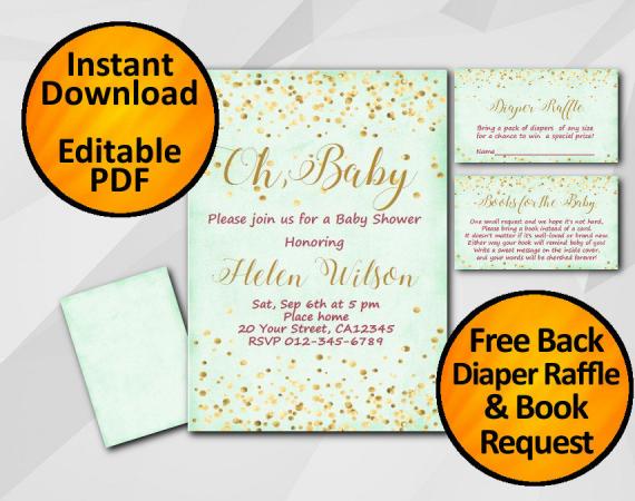 Instant Download Gold Confetti Oh Baby Baby Shower Turquoise Invitation set
