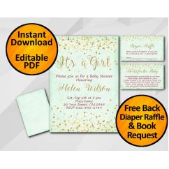 Gold Confetti Its a Girl Baby Shower Turquoise Invitation set