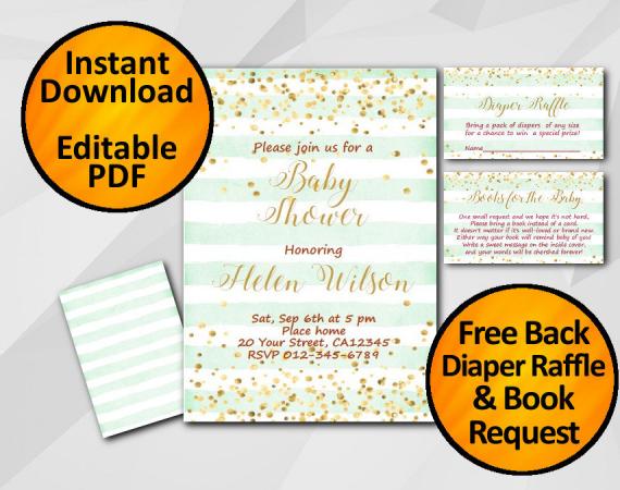 Instant Download Gold Confetti Baby Shower Turquoise Stripe Invitation set
