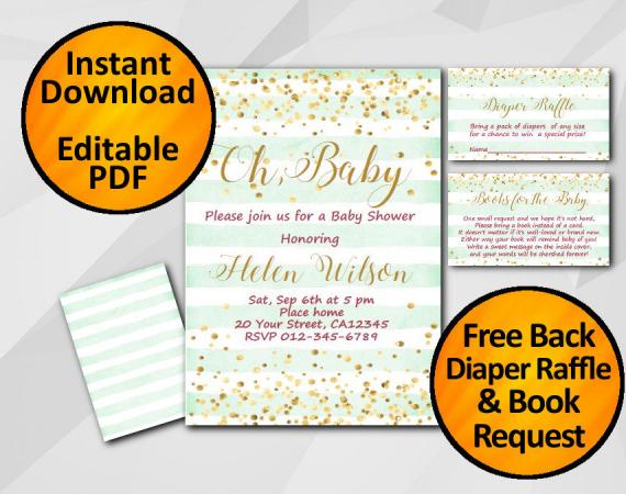 Instant Download Gold Confetti Oh Baby Baby Shower Turquoise Stripe Invitation set