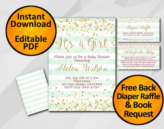 Instant Download Gold Confetti Its a Girl Baby Shower Turquoise Stripe Invitation set