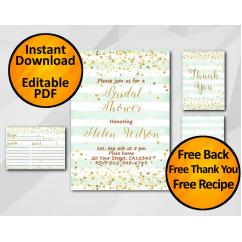 Gold Confetti Bridal Shower Turquoise Stripe Invitation set
