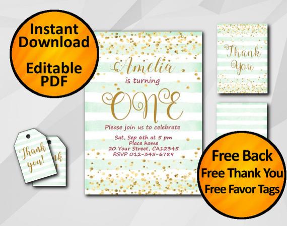 Instant Download Gold Confetti 1st Birthday Turquoise Stripe Invitation set
