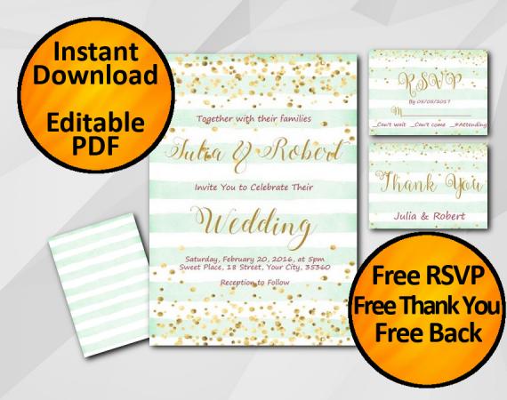 Instant Download Gold Confetti Wedding Turquoise Stripe Invitation set