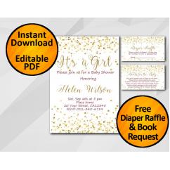 Gold Confetti Its a Girl Baby Shower Invitation set