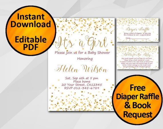 Instant Download Gold Confetti Its a Girl Baby Shower Invitation set