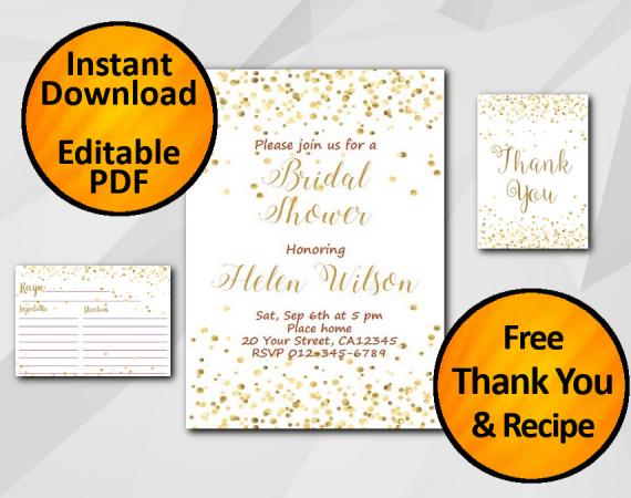 Instant Download Gold Confetti Bridal Shower Invitation set