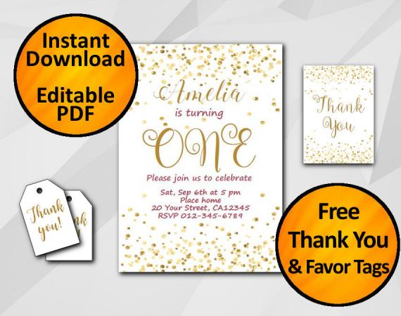 Instant Download Gold Confetti 1st Birthday Invitation set