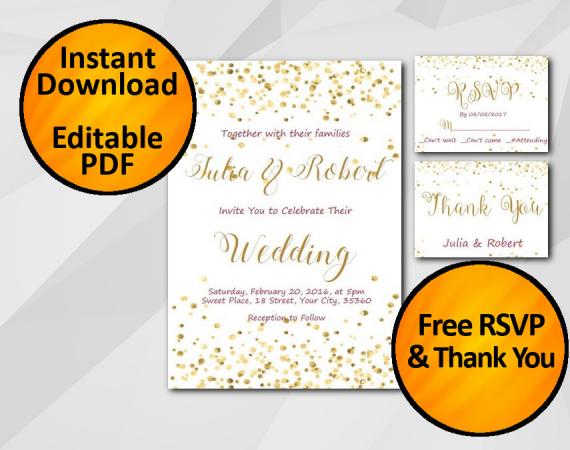 Instant Download Gold Confetti Wedding Invitation set