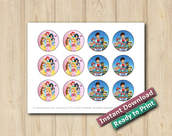 Twin Disney Princesses and Paw Patrol Stickers 2in | Instant Download