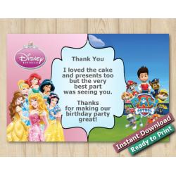Twin Disney Princess and Paw Patrol Thank you Card 4x6
