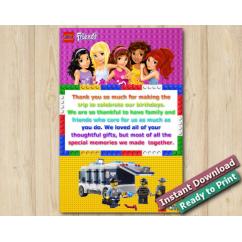 Twin Lego Friends and Lego Police Thank you Card 4x6